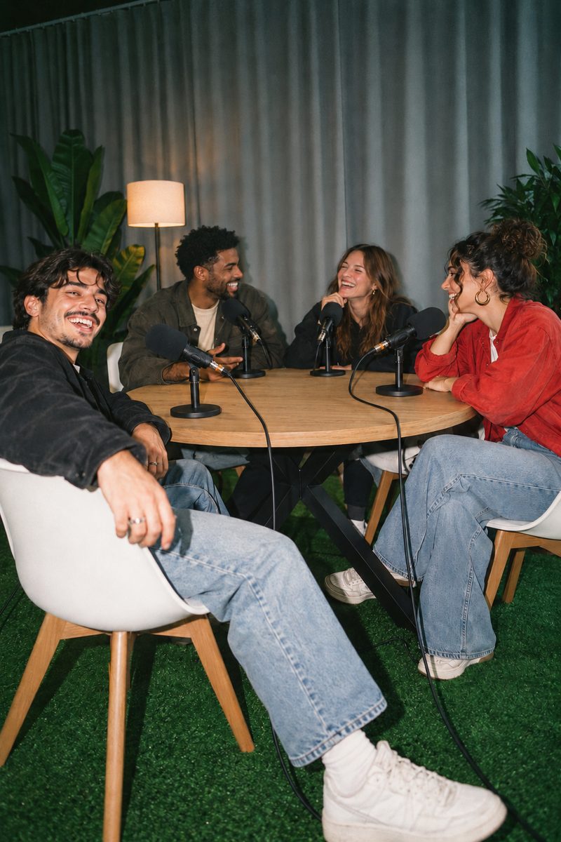 Cuatro personas riendo durante un videopódcast en La Guarida